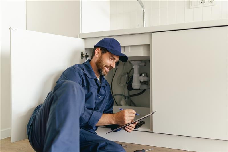 Residential plumber reviewing plumbing repairs in a Miami Gardens kitchen